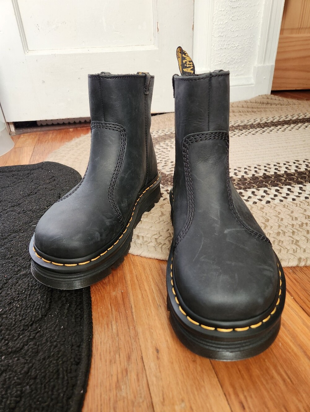 Dr. Martens Black Leather Zebzag Rigger Ankle Boots with Yellow Stitching